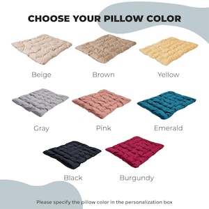 May include: An image showcasing a selection of square pillows in various colors, including beige, brown, yellow, gray, pink, emerald, black, and burgundy. The text "CHOOSE YOUR PILLOW COLOR" is at the top. The text "Please specify the pillow color in the personalization box" is at the bottom.