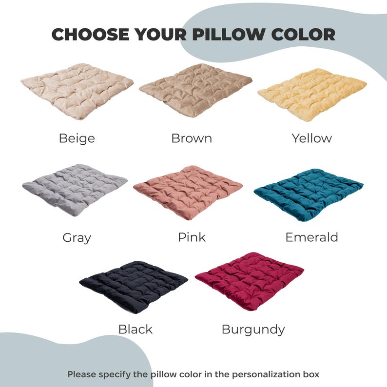 May include: An image showcasing a selection of square pillows in various colors, including beige, brown, yellow, gray, pink, emerald, black, and burgundy. The text "CHOOSE YOUR PILLOW COLOR" is at the top. The text "Please specify the pillow color in the personalization box" is at the bottom.