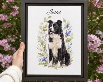 Custom Watercolor Pet Portrait, Dog Painting with Name, Floral Puppy Portrait from Photo, Personalized Cat Gift