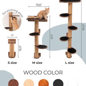 May include: A cat tree with three different sizes: small, medium, and large. The cat tree is made of wood and has a sisal scratching post. The cat tree is available in five different wood colors: dark walnut, light, oak, black, and white.