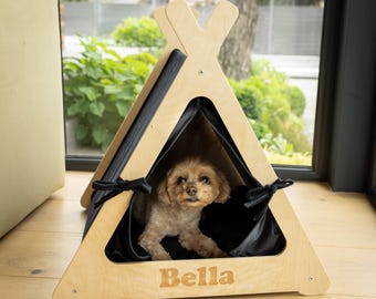 Dog Sleeping Teepee Tent, Natural Wood Pet Bed, Custom Puppy House, Modern Cat Hideaway