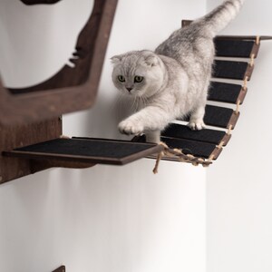 May include: A gray and white cat walks across a wooden cat tree with a rope bridge. The cat tree has multiple platforms and is mounted on a white wall.