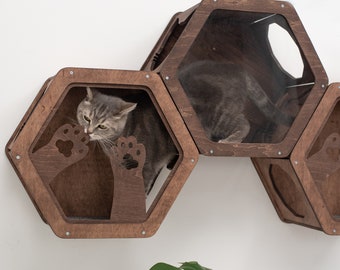 Brown Cat Hexagon Shelves, Cat Furniture Set, Cat Wall Bed, Cat Shelves, Cat Steps for Wall, Cat Wall Bedroom, Cat Wall Decor, Gift for Cats