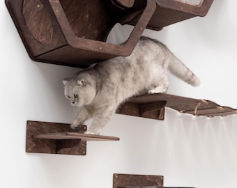 Puente de madera para gatos montado en la pared, gimnasio de pared para gatos activos, cama personalizada para gatos, escalones para gatos, muebles para trepar para gatos grandes y pequeños.