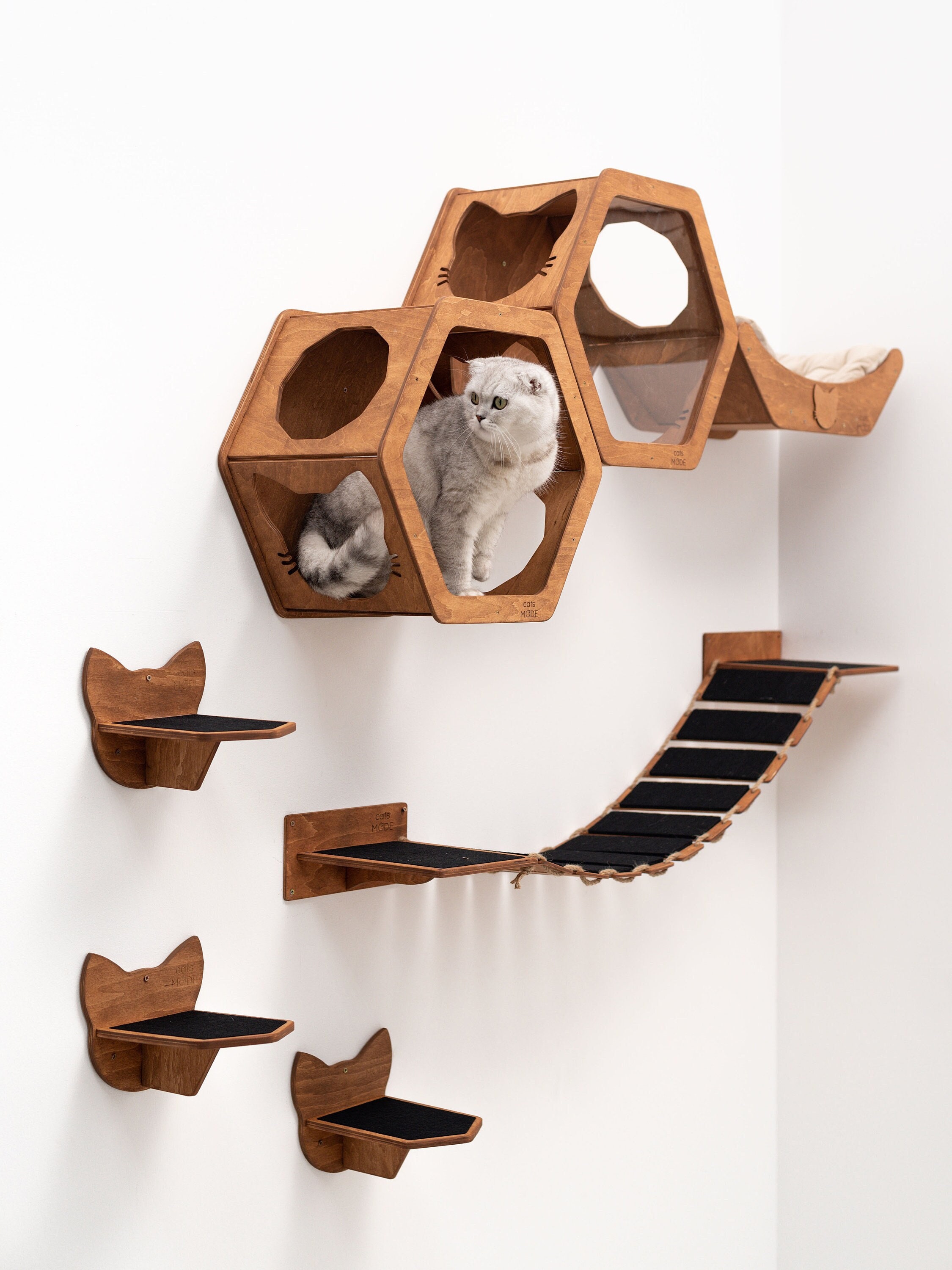 Wood Cat Hexagon Set, Cat Shelf, Modern Cat Furniture, Kitten Furniture for Wall, Cat Wall Shelves, Wall Cat Bed, Wood Cat House, CatsMode