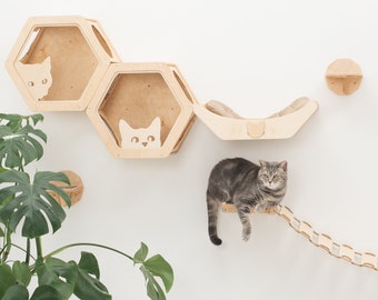 Cat Wall Furniture, Cat Shelves, Cat Wall Bed, Cat Shelf, Cat Wall Decor, Set for Cats, Cat Play Furniture, Cat Wall Hexagon Shelves Set