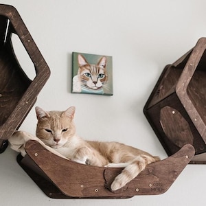 May include: A light orange cat relaxes in a wooden cat bed mounted on a white wall. The bed has a curved design with a soft, cream-colored cushion. A small painting of a cat hangs above the bed. Two additional wooden cat shelves are also mounted on the wall.
