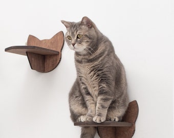May include: A gray tabby cat sits on a wooden cat shelf shaped like a cat's head. The shelf is mounted on a white wall.