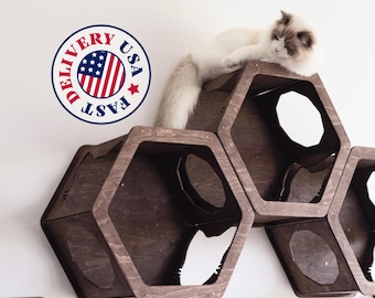 Cat Wall Lounge Furniture, Wood Furniture Playground, Cat Hexagon Shelves, Wall Mount Shelf with Cat Steps, Cat Climbing Wall Bed, Cat Gifts
