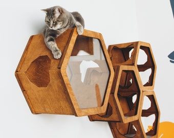 Wooden Cat Furniture, Cat Climbing Furniture, Wall Mounted Cat Shelves, Cat Perch Bed, Cat Hexagon Shelves, Cat Climb Shelf, Gift for Kitten