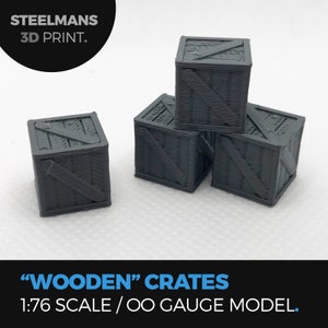 May include: Four grey 3D printed wooden crates in 1:76 scale, suitable for OO gauge model railways.