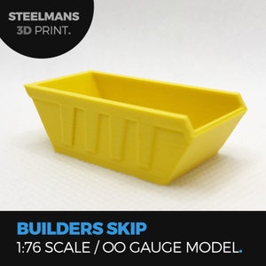 Może przedstawiać: Żółty plastikowy model kontenera budowlanego w skali 1:76, do modeli kolejowych w skali OO. Model został wykonany przez Steelmans 3D Print.