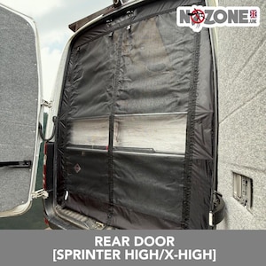 May include: Black mesh rear door screen for a Sprinter van. The screen is installed in the rear door opening and has a zippered closure. The screen is labeled "REAR DOOR [SPRINTER HIGH/X-HIGH]".