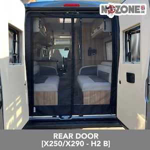May include: Black mesh screen door for a camper van. The door is open and the interior of the van is visible. The text on the door reads "REAR DOOR [X250/X290 - H2 B]".