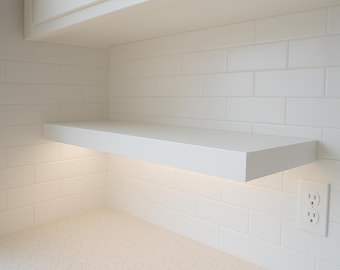 Modern White Floating Shelf with LED Lighting | 3.5” Thick Floating Shelf with Diffused Cool White Light | Under Cabinet Shelf for Kitchen