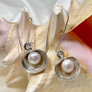May include: A pair of silver earrings with a pearl in each. The earrings are shaped like a seashell and are hanging from a seashell.
