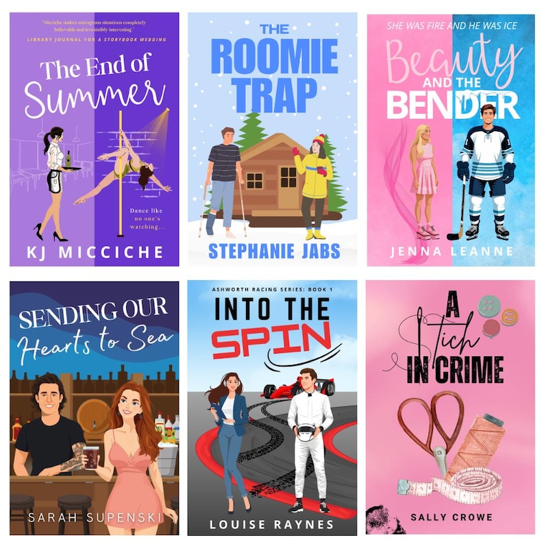 Puede incluir: Seis portadas de libros con ilustraciones y texto. Los t&iacute;tulos incluyen "The End of Summer", "The Roomie Trap", "Beauty and the Bender", "Sending Our Hearts to Sea", "Into the Spin" y "A Stitch in Crime".