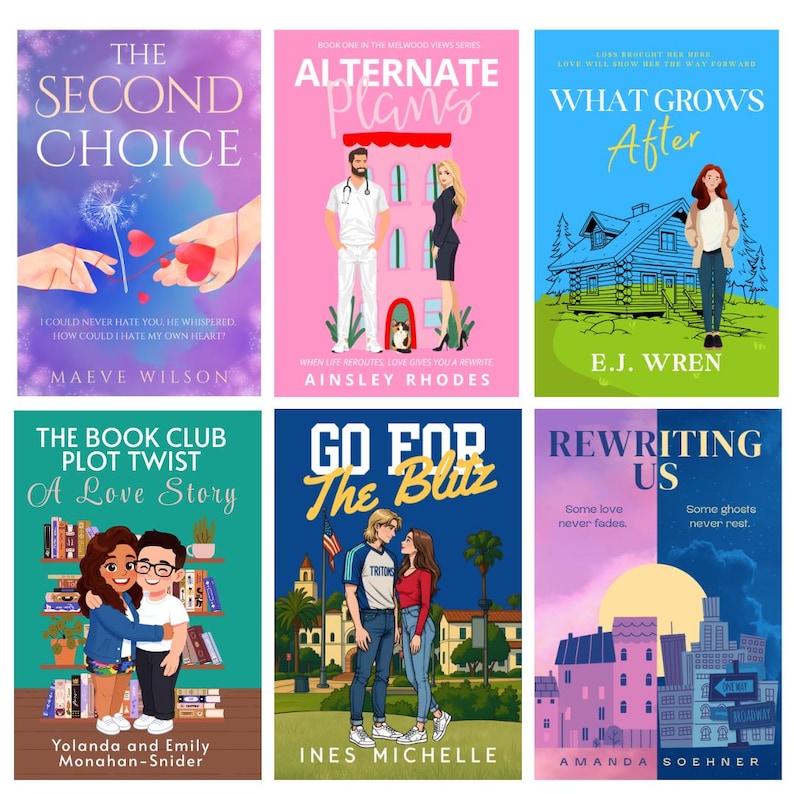 Puede incluir: Se muestran seis portadas de libros, cada una con ilustraciones y t&iacute;tulos &uacute;nicos. Las portadas presentan varios esquemas de color, incluyendo rosa, azul y morado. Los t&iacute;tulos incluyen "The Second Choice", "Alternate Plans" y "What Grows After". Los nombres de los autores tambi&eacute;n son visibles.