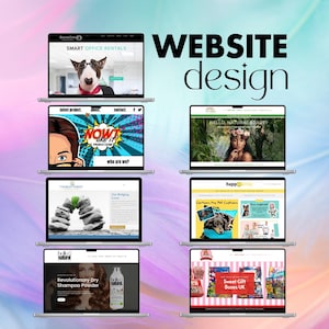 May include: An image showcasing multiple laptop screens displaying various website designs. The phrase "WEBSITE design" is prominently displayed. The websites feature diverse themes, including office rentals, beauty, and gift boxes.