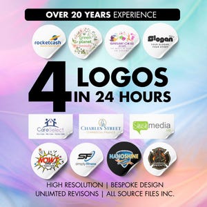 Może przedstawiać: Reklama z różnymi logo na białych naklejkach. Tekst zawiera "OVER 20 YEARS EXPERIENCE" i "4 LOGOS IN 24 HOURS". Dodatkowy tekst promuje wysoką rozdzielczość, niestandardowy design, nieograniczone poprawki i wszystkie pliki źródłowe.