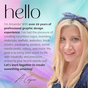 Puede incluir: Anuncio de dise&ntilde;o gr&aacute;fico con una mujer sonriente de pelo rubio y una diadema azul. La palabra "hello" est&aacute; en la parte superior, con texto debajo que describe los servicios de dise&ntilde;o gr&aacute;fico, incluyendo logotipos, sitios web y materiales de marca.