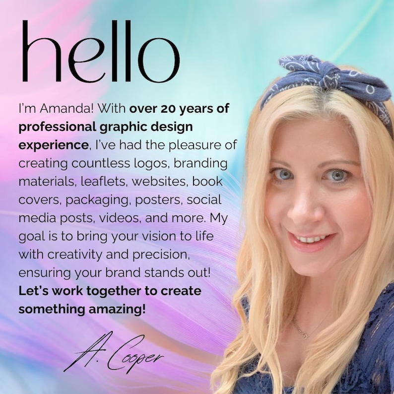 Puede incluir: Anuncio de dise&ntilde;o gr&aacute;fico con una mujer sonriente de pelo rubio y una diadema azul. La palabra "hello" est&aacute; en la parte superior, con texto debajo que describe los servicios de dise&ntilde;o gr&aacute;fico, incluyendo logotipos, sitios web y materiales de marca.
