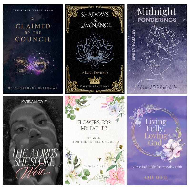 Puede incluir: Se muestran seis portadas de libros con t&iacute;tulos como "A Claimed by the Council", "Shadows & Luminance", "Midnight Ponderings", "The Words She Spoke Were...", "Flowers for My Father" y "Living Fully, Loving God". Las portadas presentan diversos dise&ntilde;os e ilustraciones.