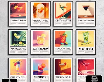 Vintage Cocktail Wall Art | Retro Cocktail Prints, Vintage Bar Cart Art | Aperol Spritz | espresso martini | Bundle of 12 (Digital Download)