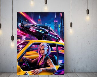 Impresión artística de Cyberpunk Night City: Taxi femenino futurista (Descarga digital)