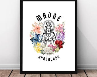 May include: Black and white illustration of the Virgin Mary with a crown, surrounded by colorful flowers. The text "MADRE GUADALUPE" is below the image.