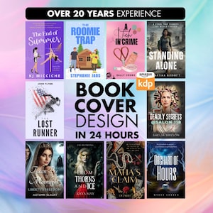 Puede incluir: Imagen promocional de dise&ntilde;os de portadas de libros. La imagen presenta varias portadas de libros con t&iacute;tulos como "The End of Summer", "The Roomie Trap" y "A Stitch in Crime". El texto de la imagen dice "Dise&ntilde;o de portada de libro en 24 horas."