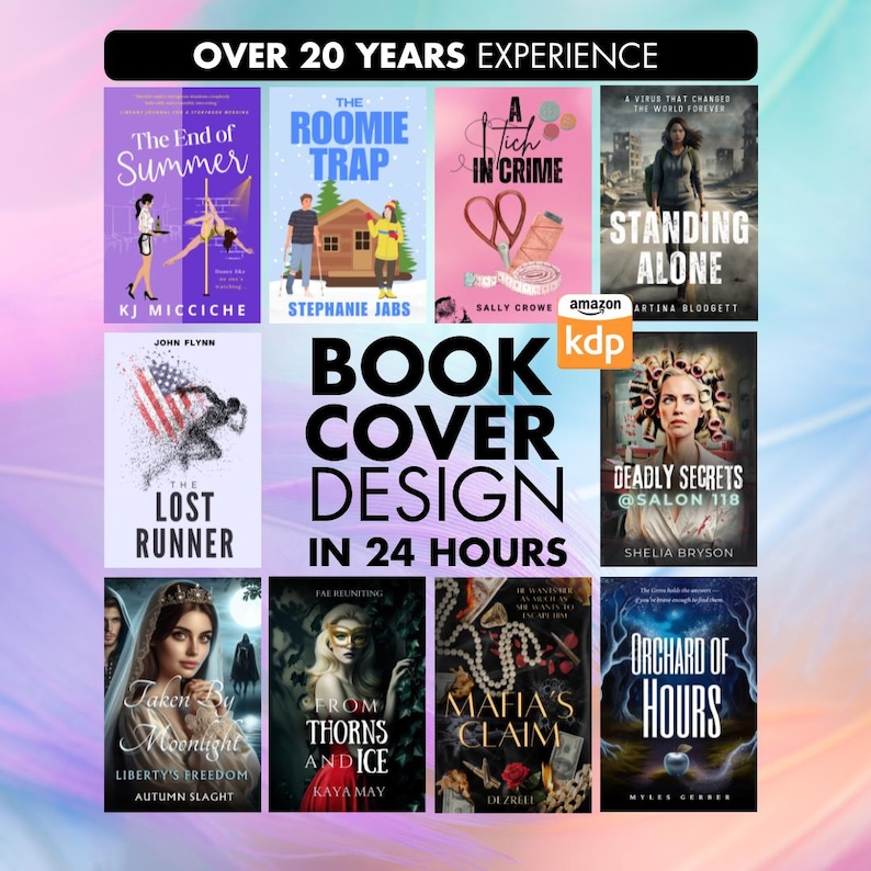 Puede incluir: Imagen promocional de dise&ntilde;os de portadas de libros. La imagen presenta varias portadas de libros con t&iacute;tulos como "The End of Summer", "The Roomie Trap" y "A Stitch in Crime". El texto de la imagen dice "Dise&ntilde;o de portada de libro en 24 horas."