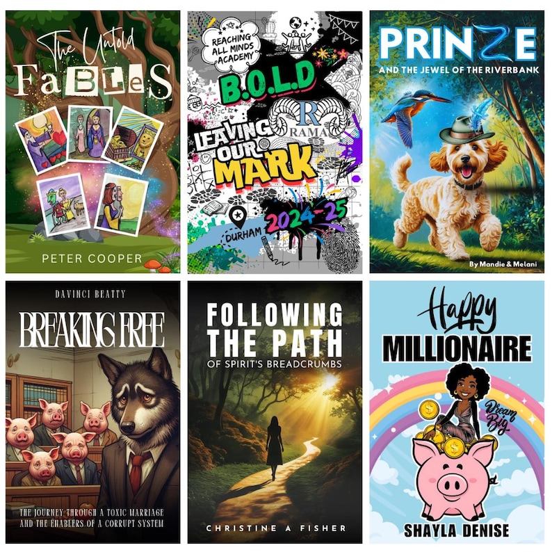 Puede incluir: Seis portadas de libros con diferentes t&iacute;tulos. Incluyen "The Untold Fables", "B.O.L.D. Leaving Our Mark", "Prinze and the Jewel of the Riverbank", "Breaking Free", "Following the Path of Spirit's Breadcrumbs" y "Happy Millionaire".