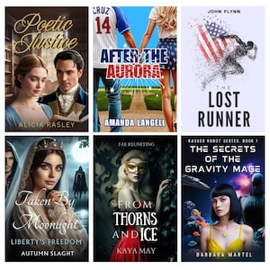 Puede incluir: Se muestran seis portadas de libros, con t&iacute;tulos como "Poetic Justice", "After the Aurora" y "The Lost Runner". Las portadas presentan ilustraciones, incluyendo parejas rom&aacute;nticas, temas deportivos y elementos de fantas&iacute;a. Los nombres de los autores tambi&eacute;n son visibles en cada portada.