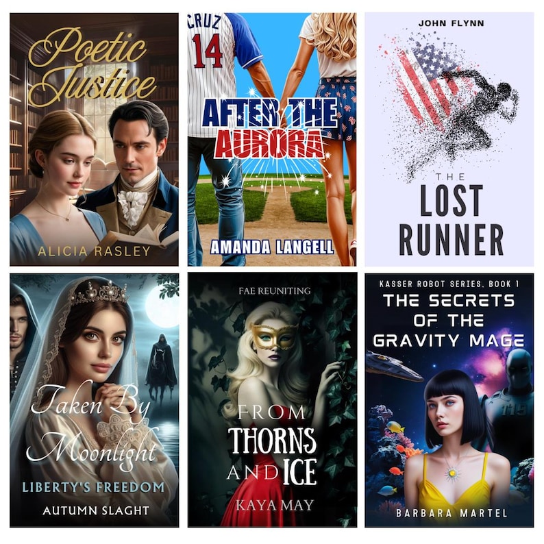 Puede incluir: Se muestran seis portadas de libros, con t&iacute;tulos como "Poetic Justice", "After the Aurora" y "The Lost Runner". Las portadas presentan ilustraciones, incluyendo parejas rom&aacute;nticas, temas deportivos y elementos de fantas&iacute;a. Los nombres de los autores tambi&eacute;n son visibles en cada portada.