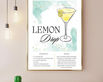 Lemon Drop Cocktail Recipe Print: Kitchen Bar Cart Decor (Digital Download)