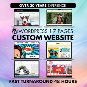 May include: Image showcasing six laptop screens displaying website designs. Text includes "OVER 20 YEARS EXPERIENCE", "WORDPRESS 1-7 PAGES CUSTOM WEBSITE", and "FAST TURNAROUND 48 HOURS". The websites feature diverse themes, including office rentals and pet cushions.