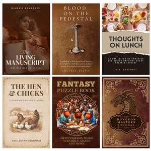 Puede incluir: Una colecci&oacute;n de portadas de libros. Los t&iacute;tulos incluyen "The Living Manuscript", "Blood on the Pedestal", "Thoughts on Lunch", "The Hen & Chicks", "Fantasy Puzzle Book" y "Dungeon Masters Journal". Las portadas presentan diversas ilustraciones y texto.