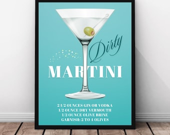 Impression d'art de recette de cocktail martini sale : décoration de bar rétro (téléchargement numérique)