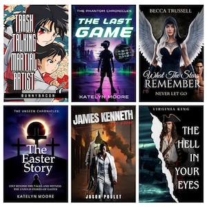 Puede incluir: Seis portadas de libros con t&iacute;tulos variados, incluyendo "Trash Talking Martial Artist", "The Last Game", "What The Stars Remember", "The Easter Story", "James Kenneth" y "The Hell in Your Eyes". Cada portada presenta ilustraciones y tipograf&iacute;as &uacute;nicas.