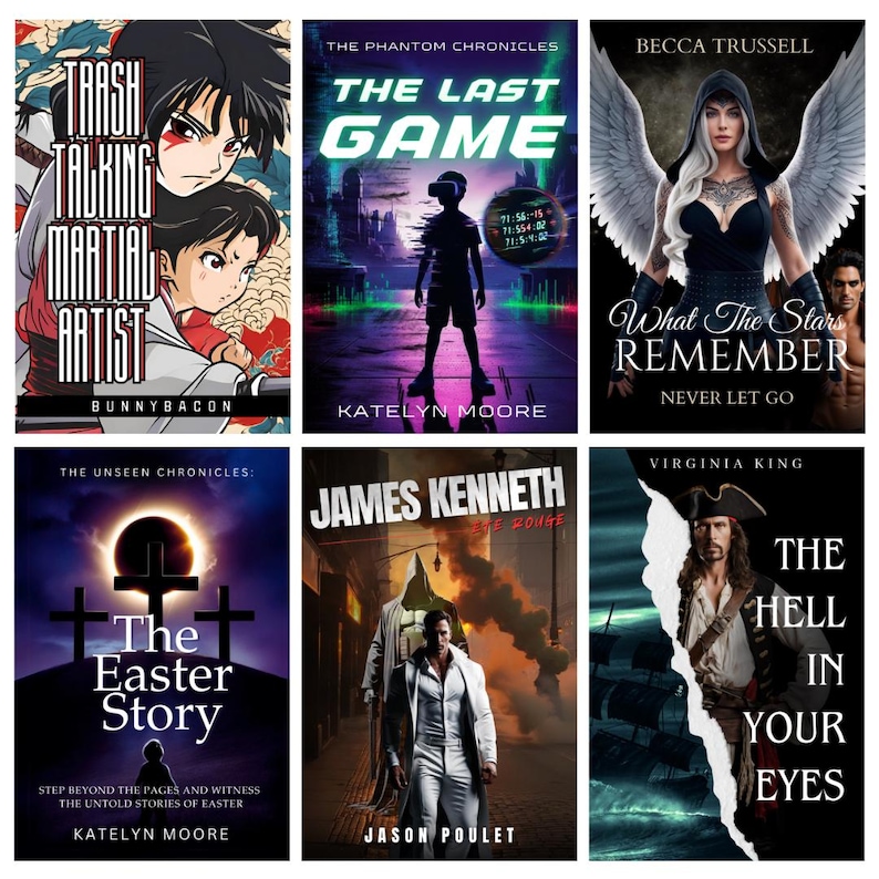 Puede incluir: Seis portadas de libros con t&iacute;tulos variados, incluyendo "Trash Talking Martial Artist", "The Last Game", "What The Stars Remember", "The Easter Story", "James Kenneth" y "The Hell in Your Eyes". Cada portada presenta ilustraciones y tipograf&iacute;as &uacute;nicas.