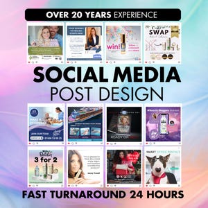 Peut inclure: Visuel promotionnel pour la conception de publications sur les réseaux sociaux, avec le texte "OVER 20 YEARS EXPERIENCE" et "FAST TURNAROUND 24 HOURS." L'image présente un assemblage de visuels plus petits, illustrant divers thèmes tels que la beauté, les voyages et les locations de bureaux. Le texte principal est "SOCIAL MEDIA POST DESIGN."