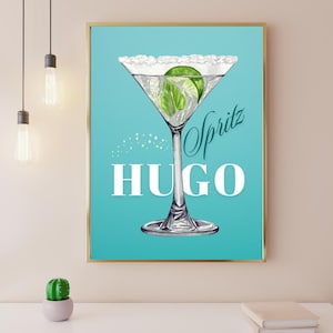 Insegna da bar Hugo Spritz, decorazione da cucina, carrello da bar, arte retrò Hugo, biglietto da cocktail Hugo Spritz, cartello da cocktail digitale stampabile, ricetta