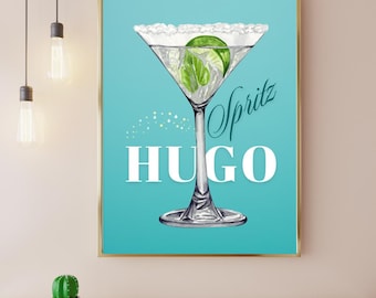 Hugo Spritz Cocktail Print | Hugo Spritz  Retro Bar Cart Art | Hugo Spritz Poster | Hugo Spritz Digital Download | Hugo Spritz Wall Art