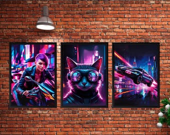 Set de arte mural ciberpunk: impresiones neofuturistas de una ciudad nocturna (descarga digital)