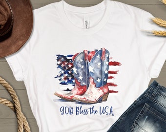 God Bless The USA Cowboy Boot American Flag T Shirt Patriotic Gift For Dad Mom TShirt Western Tee 4th Of July T-Shirt Stars Stripes Freedom