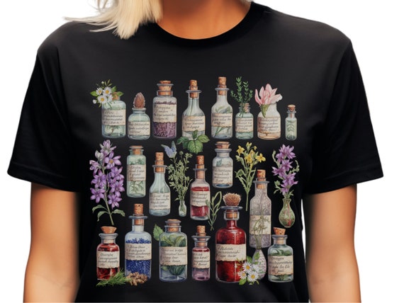 Herbal Elixirs Apothecary T-Shirt, Cottagecore T-Shirt, Gift for Pharmacist, Pharmacy Tech, Wildflowers, Vintage Medicine Bottles, Herbalist