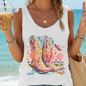 Boho Cowboy Boots Tank Top, Western Cowgirl Racerback Tank, Vintage Southwestern Boot Shirt, Country Concert Festival Boho Summer Top
