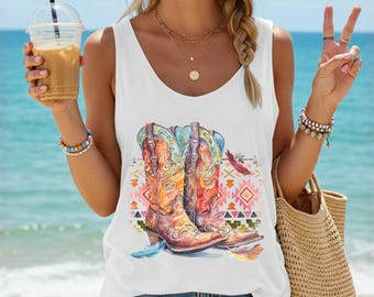 Boho Cowboy Boots Tank Top, Western Cowgirl Racerback Tank, Vintage Southwestern Boot Shirt, Country Concert Festival Boho Summer Top