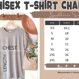 May include: Unisex t-shirt size chart with measurements in inches. The chart shows sizes XS through 3XL with corresponding chest and length measurements.